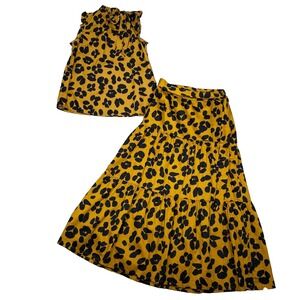 Who What Wear Womens SET 6 Brown Abstract Print Cotton Midi Skirt Mock Neck Top